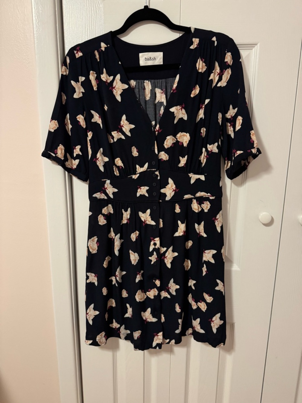 ba&sh Marine Navy Magnolia Floral Mini Dress Button Front Cinched Waist: US 6 - Picture 3 of 7